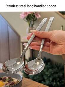 2/5pcs Stainless Steel Hammered Texture Long Handle Dinner Spoons, Round Soup/Tea Spoons For Home Use