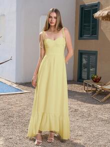 PARTHEA Vestido largo elegante con escote trasero, fruncido y drapeado en el Body - Amarillo - Ver 4