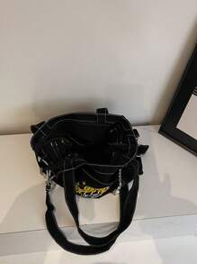 休闲Y2K风格时尚柔软牛仔布手提包，街头风链条字母图案单肩包，大容量斜挎包，书包，便携，大容量，适合青少年女孩、女性、大学生、中小学生、高中生、户外、旅行、郊游、工作、商务、通勤、度假、购物等场合，学院风书包，适合读书周，大容量学生手提包，多隔层设计，完美适用于海滩、学校、工作和日常使用，牛仔女孩的完美之选 - 黑色 - 查看 9