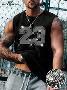 男士休闲个性化水钻闪亮数字图案印花上衣，搭配休闲裤，适合旅行/度假/户外露营/运动 - 黑色 - 查看 1