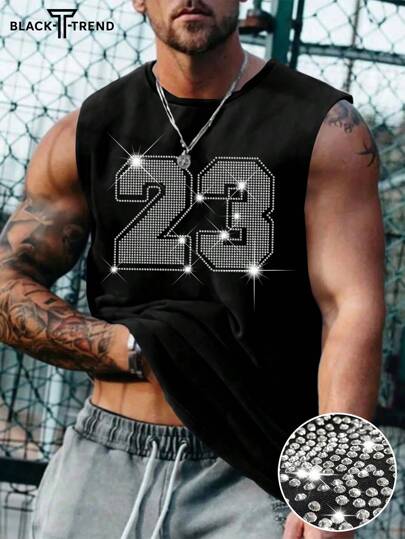 男士休闲个性化水钻闪亮数字图案印花上衣，搭配休闲裤，适合旅行/度假/户外露营/运动