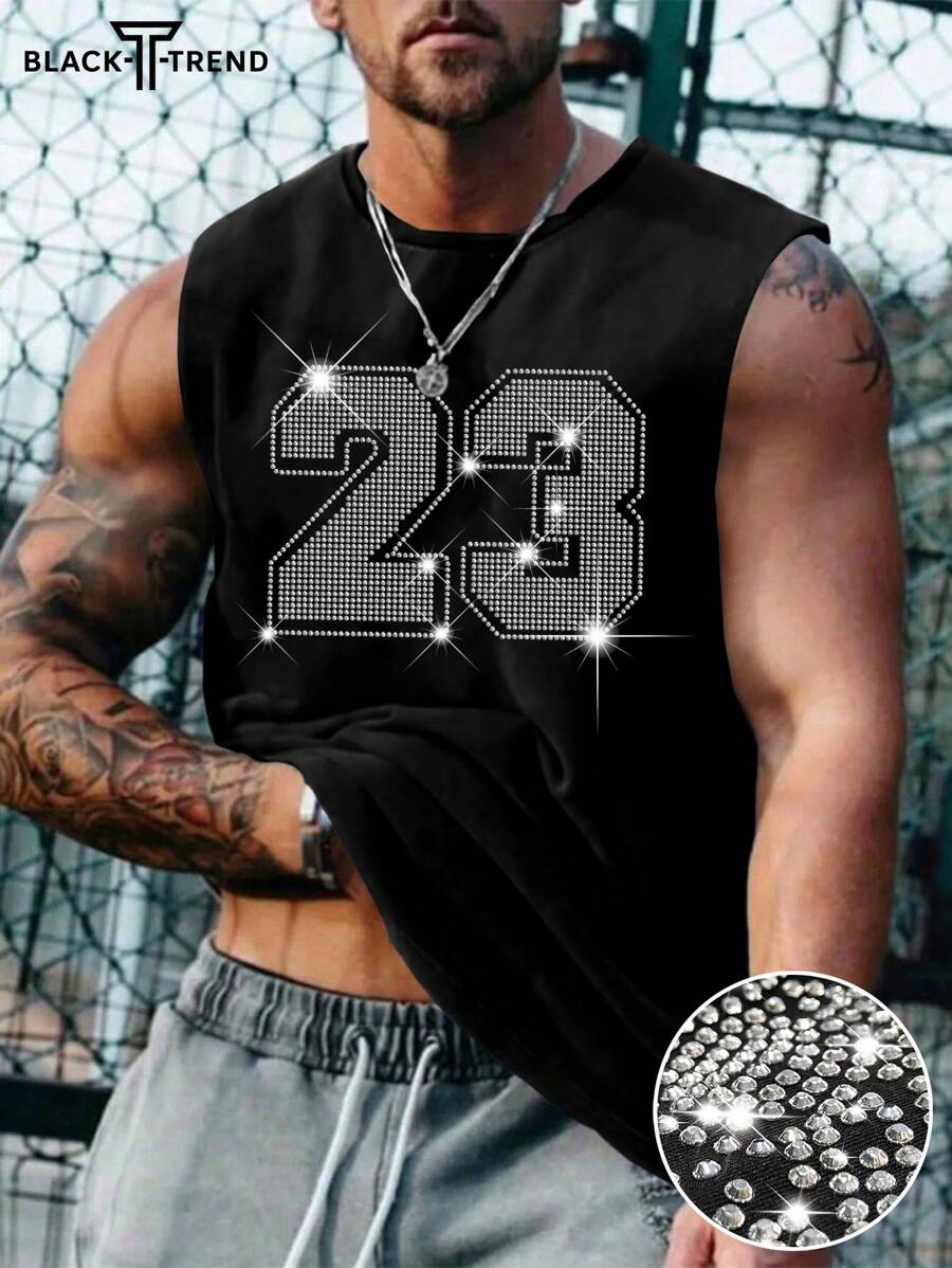 男士休闲个性化水钻闪亮数字图案印花上衣，搭配休闲裤，适合旅行/度假/户外露营/运动 - 黑色 - 查看 1