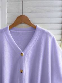 Summer New V-Neck Button Short Sleeved Ultra Loose Knitted Cardigan For Women's Casual Vacation Style With Large Shoulder Design Sweater Light Purple Solid Color Top,Summer Outfits For Women - 淡紫 - 查看 8