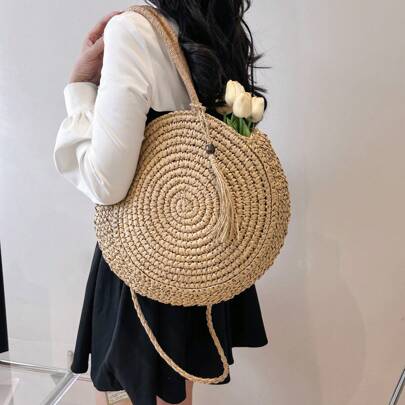 Summer Large Capacity Knitted Women's Bag, Fashion Floral Holiday Shoulder Bag, Solid Color Round Woven Tote Bag, New French Minimalist Beach Casual Bag