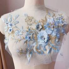 3D Flowers Beaded Lace Fabrics Applique Embroidery Sewing On Patches For Wedding Evening Dress Clothing Patches Scrapbooking