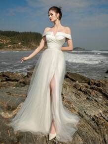 Elasola Damski biały gorset z odkrytymi ramionami i rozcięciem na udzie, elegancka formalna wieczorowa suknia ślubna z siateczki dla panny młodej - Biały - Zobacz 7