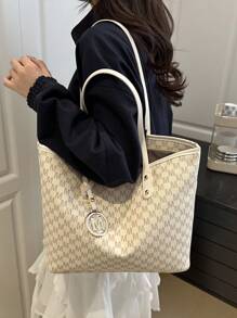 女士时尚休闲通勤单肩包带字母印花大容量手提包字母吊坠，适合逛街，钱包，购物，年轻女性，大学生，新人，白领。非常适合办公室，大学，工作，商务，通勤，户外活动，旅行和郊游 - 白色 - 查看 6