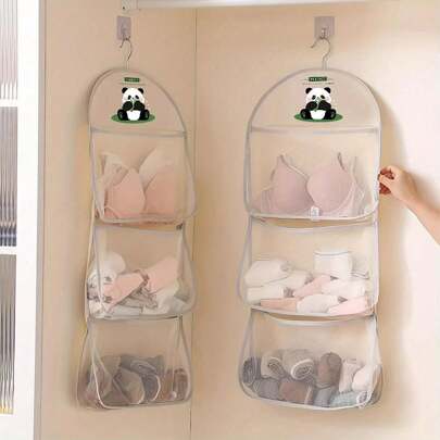 1pc Panda-Themed Nylon Hanging Storage Organizer For Underwear & Socks - Breathable Mesh Wall Or Door Mounted Bag With Multiple Compartments, Ideal For Bedroom, Bathroom & Kitchen, Portable Closet