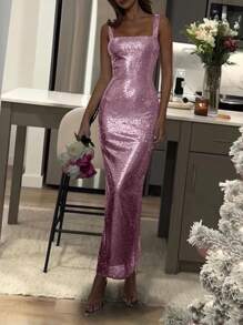 Women's Metallic Sequin Square Neck Fishtail Backless Sleeveless Party Maxi Dress, Perfect For Outings, Parties, Cocktail Events, Wedding Guests, Christmas, New Year's Eve And More Spring - Pink - View 2