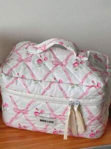 1Pc/Set Bow Knot & Rose Design Quilting Cosmetic Bag, Fashionable Portable Makeup Bag, Multi-Functional Storage Bag For Lipstick, Sanitary Napkin, Coins, Keys Etc, Large Capacity Lovely Wash Bag For Travel Organizer Cosmetic Bag For Travel, Mother's Day Gift, Valentine's Day, Anniversary. Summer Travel, Vacation Home Bathroom Decor Holiday Makeup Organizer Bathroom Accessories Back To School