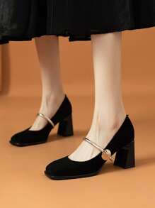 2025 New Spring Retro Chunky Heel Mary Jane Shoes Strap Buckle Closure Square Toe Pumps For Women