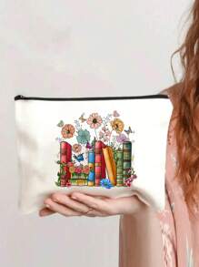 Vibrant Floral Makeup Bag,Book Flower Print Cosmetic Bag,Gift For Book Lovers, Motivational Gift, Thank You Gift Cosmetic Bag, Suitable For Travel Business, Vacation, Daily, Sports, Fitness, Beach Cosmetic Bag Cosmetic Storage Box Cosmetic Storage Box - Beige - View 3