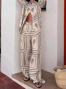 2pcs Set Elegant Long Sleeve Printed Shirt And Home Wear Set - White - View 2