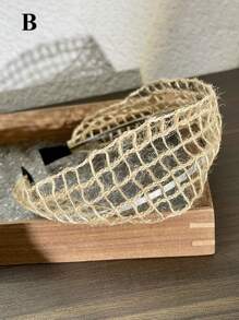 1 件复古波西米亚风穿孔格子交叉波浪边头带时尚发饰，适合日常佩戴、发带、发箍 - 米色 - 查看 5