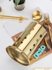 1Pc 17Cm 金色不锈钢餐具收纳桶，厨房圆形收纳架，餐具收纳架，适用于厨房用具和台面收纳，可用于存放筷子、勺子刀叉和烹饪铲刀，厨房装饰，家居装饰，圣诞礼物，生活惊喜 - 金色 - 查看 6