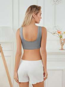 Women Medium Impact Sports Bra Sleeveless Solid Color Slim Fit Workout Tank Tops Padded Crop Tops - Grey - View 6