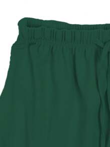 Women's Pajama Set, Two-Piece Short-Sleeve Top And Shorts Lounge Outfit, Loose Fit, Waffle Pattern, Drawstring Design, Round Neck, Short Sleeves, Slitted Shorts Design, Sporty Casual Style, Lounge, Pajama Set. - Màu xanh lá cây đậm - Xem 4