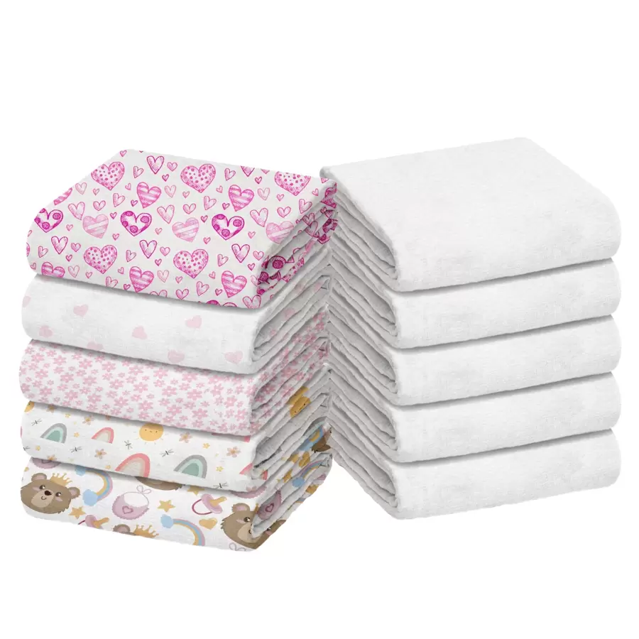 Pack Of 10 Cloth Diapers (5 Plain White Luxury + 5 Printed) Minasrey Brand For Babies And Newborns 70 Cm X 70 Cm - 100% Cotton Double Fabric, Extra Absorbent - Ideal For Maternity Layette - Nữ tính (5 trơn + 5 in) - Xem 1