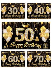 1 Stück glitzerndes schwarz-goldenes "Happy Birthday" Hintergrundtuch, 30./40./50./60./70. Geburtstags-Party-Zubehör, strapazierfähiger Polyester-Hintergrund, Krone Ballon Flaggen Design, Geburtstags-Party Hintergrunddekor zum Aufhängen, Festivalwand-Dekoration, Partyfotografie-Requisiten, Heimdekoration
