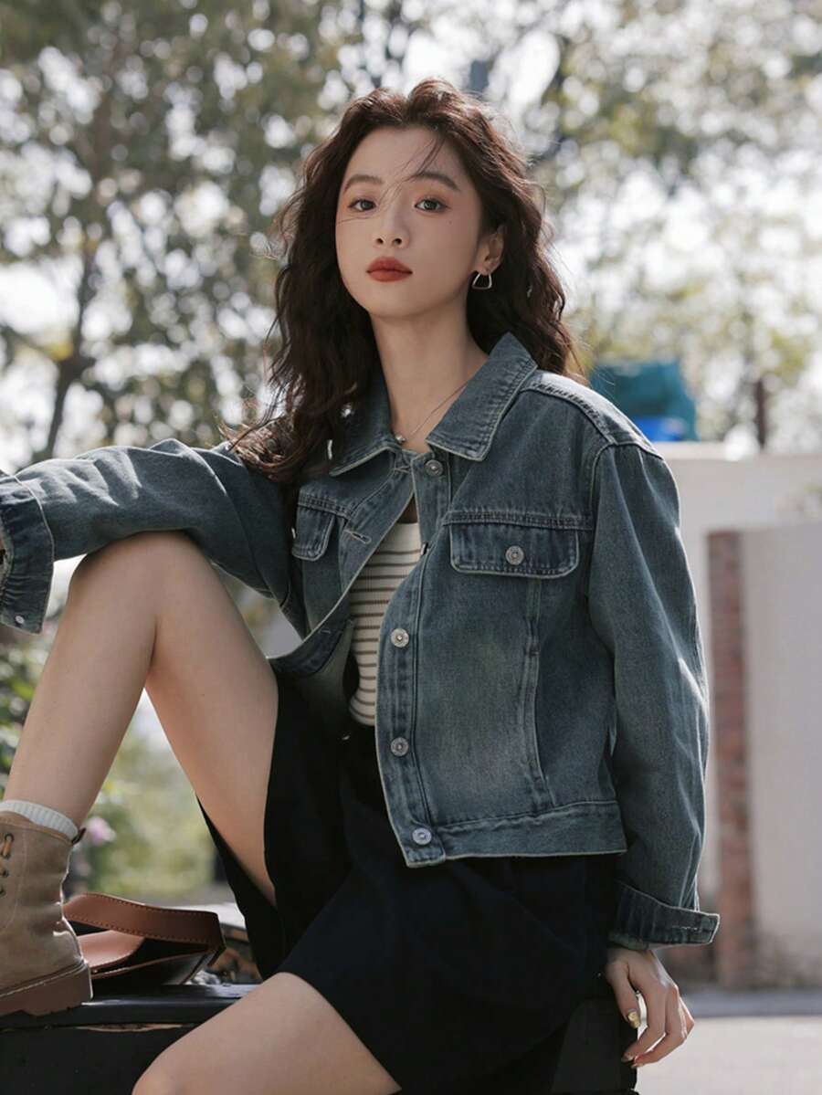 女士纯色百搭水洗牛仔短款夹克,时尚修身,秋冬 - 深色水洗藍 - 查看 1
