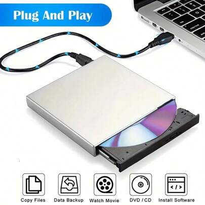 External CD/DVD Drive For Laptop, Portable Slim USB 2.0 CD/DVD Burner, CD/DVD+/-RW ROM Optical Drive For Laptop, Compatible With Windows 10/8.1/7/XP/Vista, Linux, OS