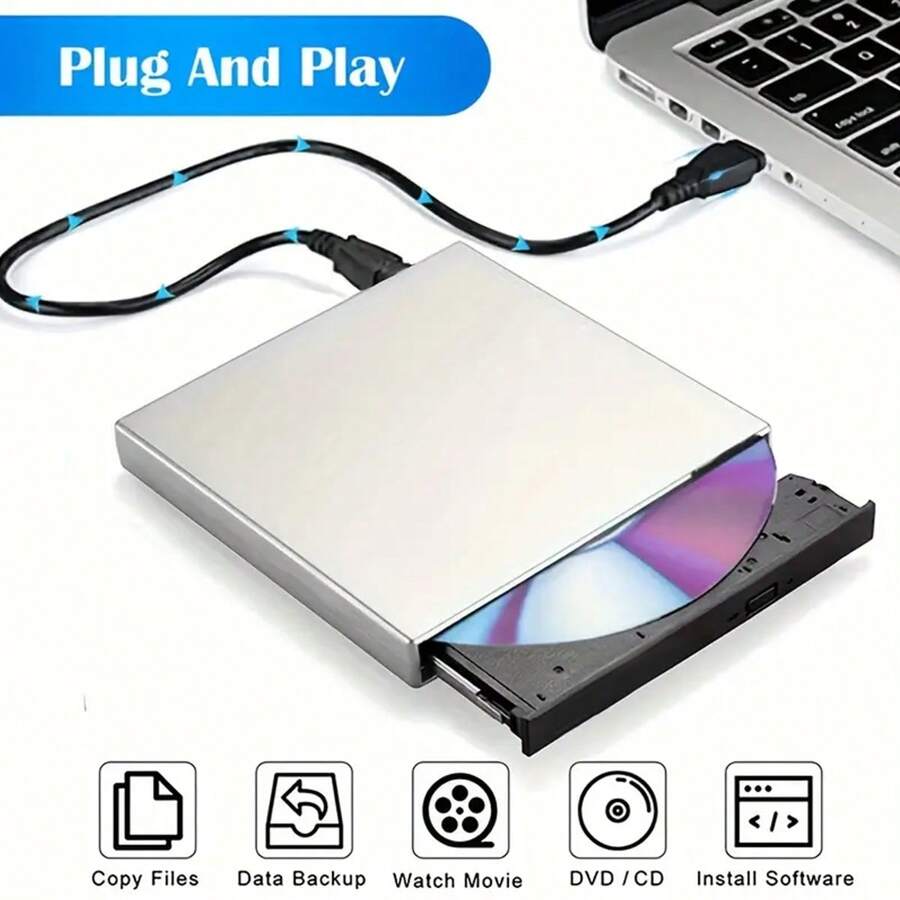 External CD/DVD Drive For Laptop, Portable Slim USB 2.0 CD/DVD Burner, CD/DVD+/-RW ROM Optical Drive For Laptop, Compatible With Windows 10/8.1/7/XP/Vista, Linux, OS - Bạc - Xem 1