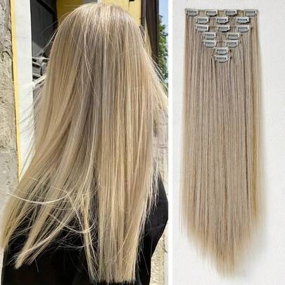 7pcs 24-Inch Straight Synthetic Hair Extensions Clip-In Set, Gold Color