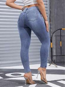 Pantalones vaqueros ajustados de tiro alto elásticos lavados en azul liso, versátiles para otoño, pantalones vaqueros de mezclilla - Púrpura polvoriento - Ver 3