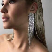 1 Pair Silver Geometric Rhinestone Tassel Drop Earrings - Silver - View 5