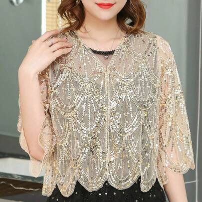 1 件手工串珠亮片装饰披肩，短款开衫，适合时尚婚纱、新娘派对、日常穿着