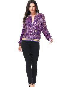 Chaqueta de manga larga con cremallera frontal y puños acanalados, con lentejuelas, para mujer, ideal para fiestas - Púrpura y dorado - Ver 5