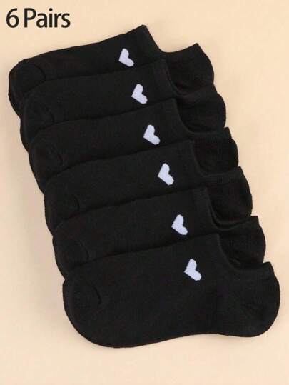 6 Pairs Women Solid Color Versatile Heart & Print Casual Hidden Socks