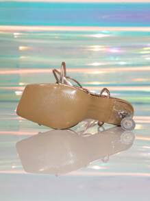 女士金属带系带全息装饰方头细高跟凉鞋，迷人夏日夜店派对时尚性感罗马高跟鞋 - 香檳色 - 查看 6