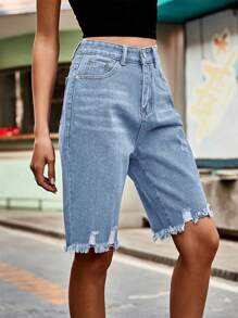 Womens Ripped Bermuda Denim Shorts Casual High Waist Raw Hem Knee Length Jean Shorts