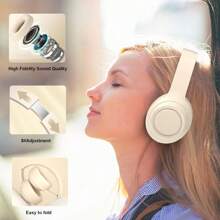 Auriculares inalámbricos Bluetooth blancos, auriculares plegables tipo over-ear, auriculares estéreo de alta fidelidad con micrófono incorporado para teléfono/TV/PC/MP4/hogar/oficina