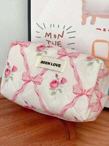 1Pc/Set Bow Knot & Rose Design Quilting Cosmetic Bag, Fashionable Portable Makeup Bag, Multi-Functional Storage Bag For Lipstick, Sanitary Napkin, Coins, Keys Etc, Large Capacity Lovely Wash Bag For Travel Organizer Cosmetic Bag For Travel, Mother's Day Gift, Valentine's Day, Anniversary. Summer Travel, Vacation Home Bathroom Decor Holiday Makeup Organizer Bathroom Accessories Back To School