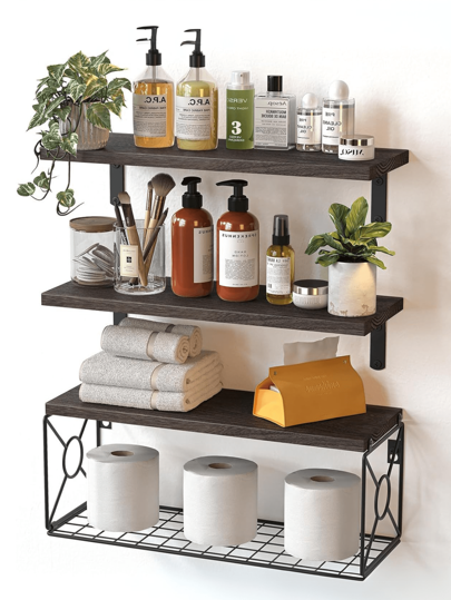 Estante Flotante de Pared de Tres Niveles con Cesta de Almacenamiento Estante de Madera para Baño, Estante de Almacenamiento con Soporte Metálico en Forma de L