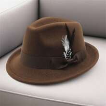 Men Felt Fedora Hat Vintage Short Brim Trilby Hat Lightweight Panama Hat With Feather - Màu nâu - Xem 4