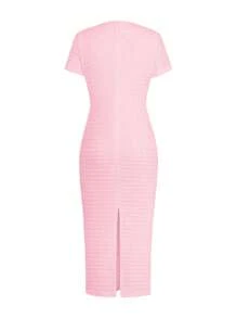 Unadoll Women's Short Sleeved Round Neck Zipper, Fake Buckle Design, Slit, Elegant Temperament Pink Winter Dress, Suitable For Dates, Commuting, Weddings, Christmas, Thanksgiving Wearing