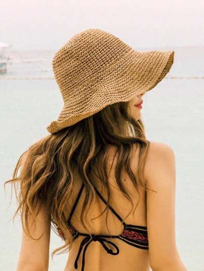 1 pieza Sombrero de paja de moda para mujer, sombrero de playa y sol para exteriores, sombrero de pescador trenzado para verano, playa y vacaciones, protección solar, sombrero de ala ancha plegable, regalo y uso diario