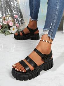 Giày sandal đế xuồng phong cách La Mã mùa hè cho nữ, gót nhọn, phiên bản Hàn Quốc, mũi tròn, đế phẳng, tăng chiều cao - màu đen - Xem 4