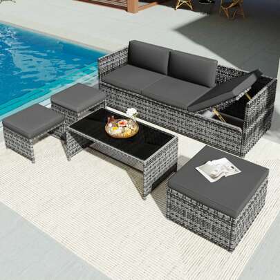  Flieks Lounge Set, Garden Furniture Set, Ratten Sofa, Seating Group, Patio Furniture, Grey