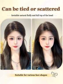 自然黑色合成顶部额头隐形无缝蕾丝网覆盖白发蓬松增加发量长直发中分头发替换片 - 黑色 - 查看 7