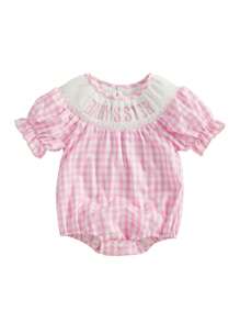 Baby Girl Short Sleeve Romper Letter Embroidered Plaid Smocked Round Neck Ruffled Summer Jumpsuits - Pink - View 7