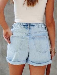 Women's Pocketed Distressed Cuffed Casual Elastic Waist Denim Shorts - Light Wash - View 2