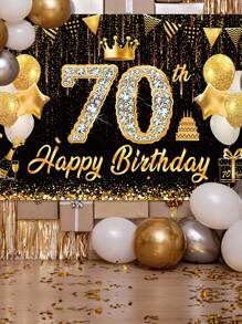 1 Stück glitzerndes schwarz-goldenes "Happy Birthday" Hintergrundtuch, 30./40./50./60./70. Geburtstags-Party-Zubehör, strapazierfähiger Polyester-Hintergrund, Krone Ballon Flaggen Design, Geburtstags-Party Hintergrunddekor zum Aufhängen, Festivalwand-Dekoration, Partyfotografie-Requisiten, Heimdekoration