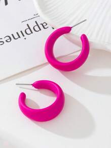 1 Pair Vibrant Color Simple Metal Round Circle Hoop Earrings, Vacation Style Gift For Date - Hot Pink - View 2