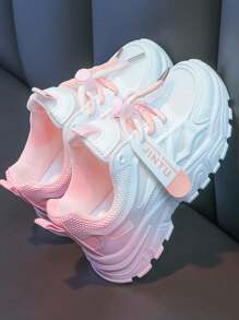 1 双女童休闲可爱拼色 PU 设计运动鞋，简约时尚，柔软舒适，适合小女孩的休闲鞋，适合日常穿着、上学、体育赛事、户外活动 - 粉色 - 查看 2