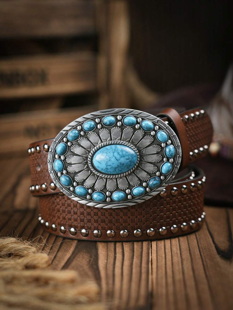 1 条西部牛仔波西米亚风格 PU 皮带，复古独特腰带，4 种颜色可选 - 印花帶 - 查看 1