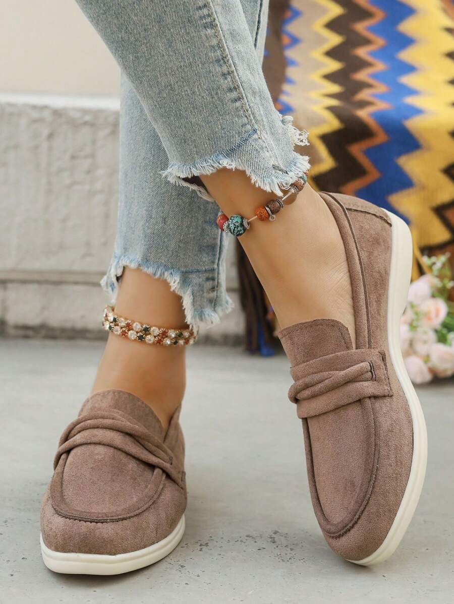 Plus Size Women's Round Toe Suede Slip-On Fashion Loafers, Versatile Casual Comfortable Flat Boat Shoes For Spring/Summer Daily Commute, New 2025 EU/US - Khaki - View 1